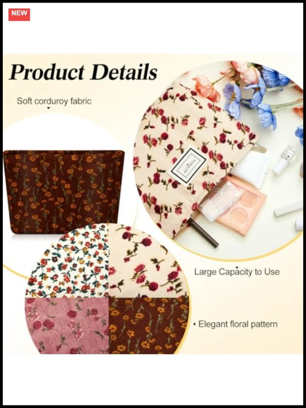 4 Pack Corduroy Floral Makeup Bags Large Capacity Travel Toiletry Cosmetic